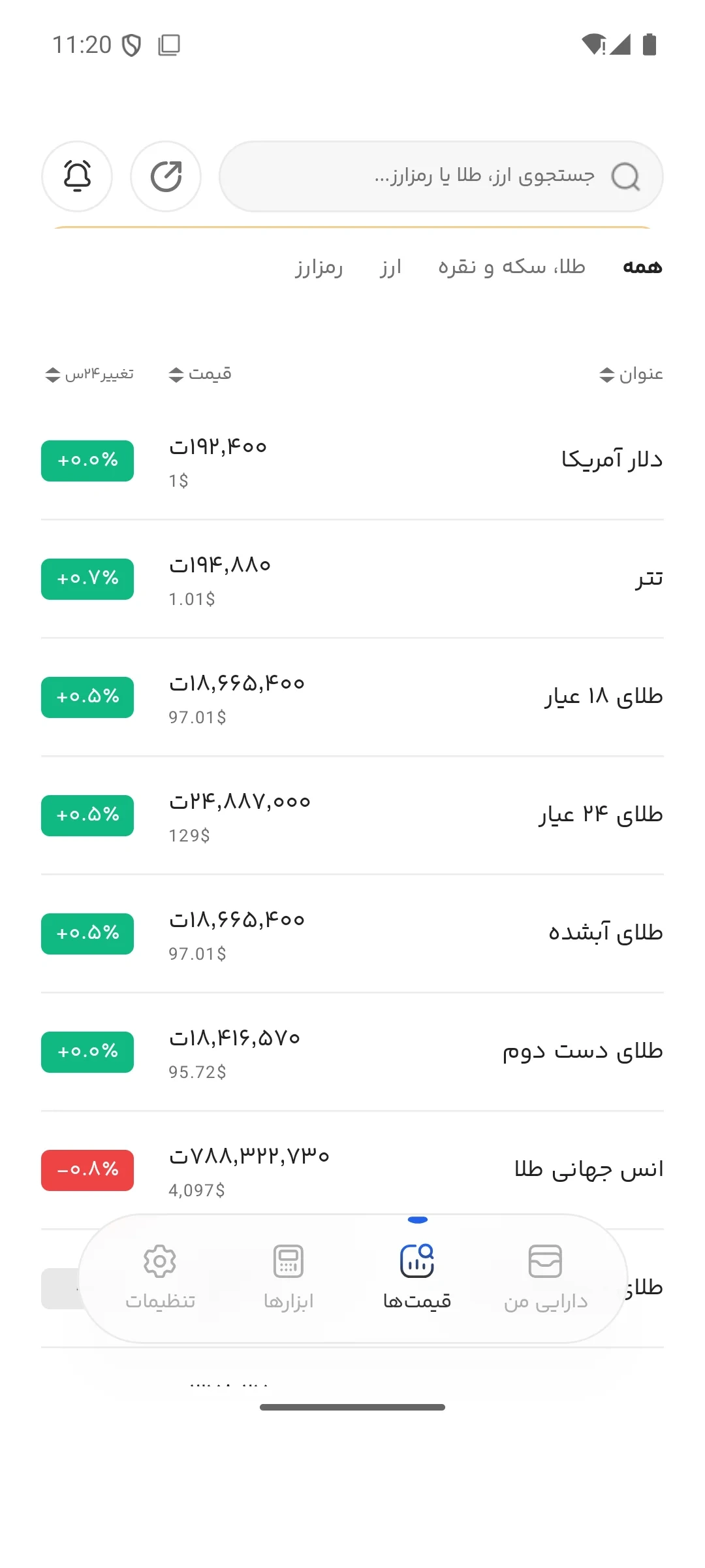 لیست قیمت‌های لحظه‌ای در اپ داریمن