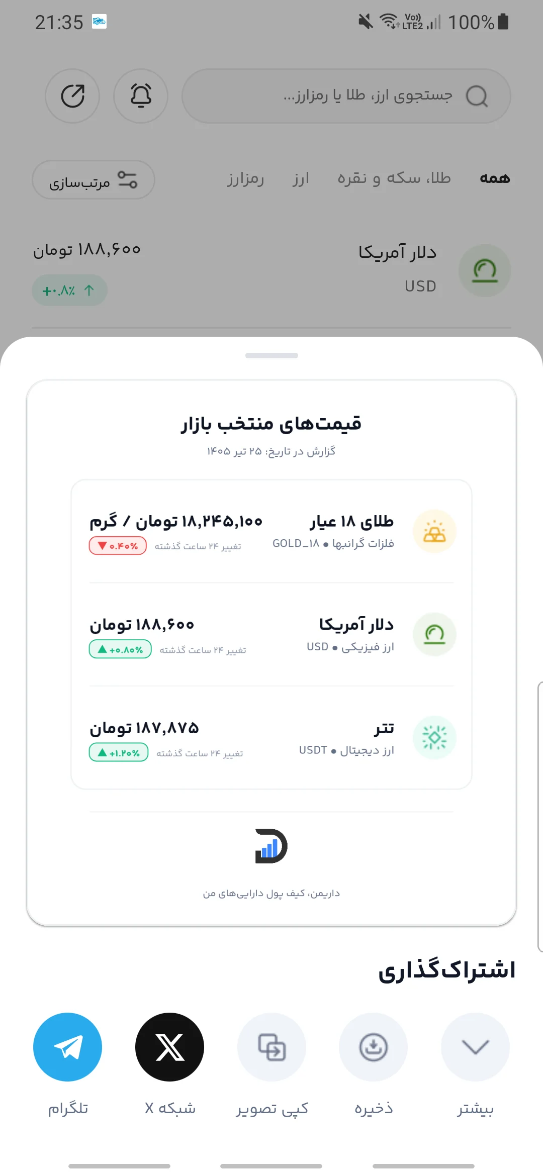 پیش‌نمایش اشتراک‌گذاری قیمت‌های منتخب بازار